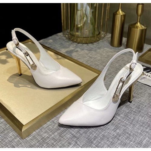 Versace White Leather Safety-Pin Pointed Toe Slingback Heels