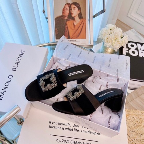 Manolo Blahnik Black Marta Crystal Buckle Silk Heeled Sandals