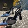 Versace Crystal La Medusa Blue Satin Sling black heels