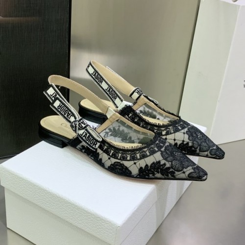 Dior Black Roses Motif Embroidered Slingback Flat