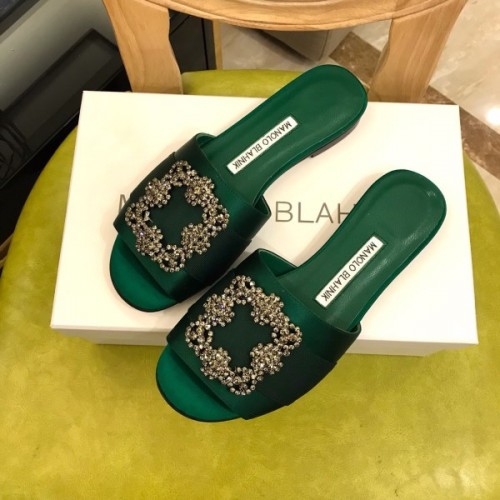 Manolo Blahnik Green Marta Crystal Buckle Silk Sandals