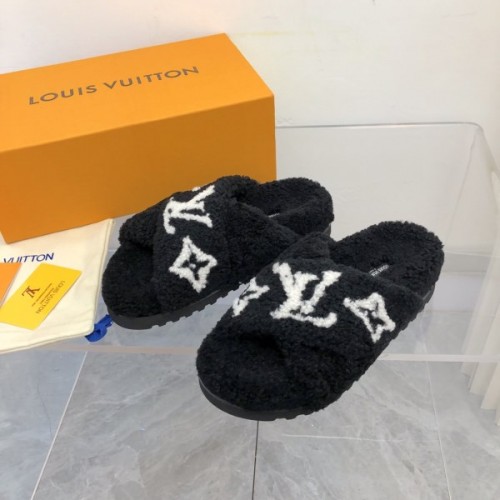 Louis Vuitton black fur slippers