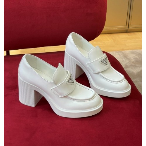 Prada high-heeled brushed white leather loafers 85 mm