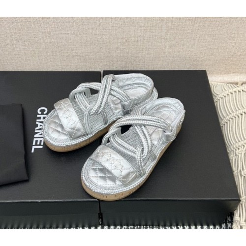 Chanel slippers silver in raffia